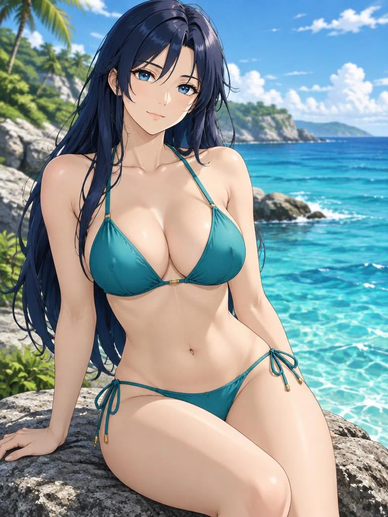 Aiko relaxing beside the blue ocean in a teal swimsuit