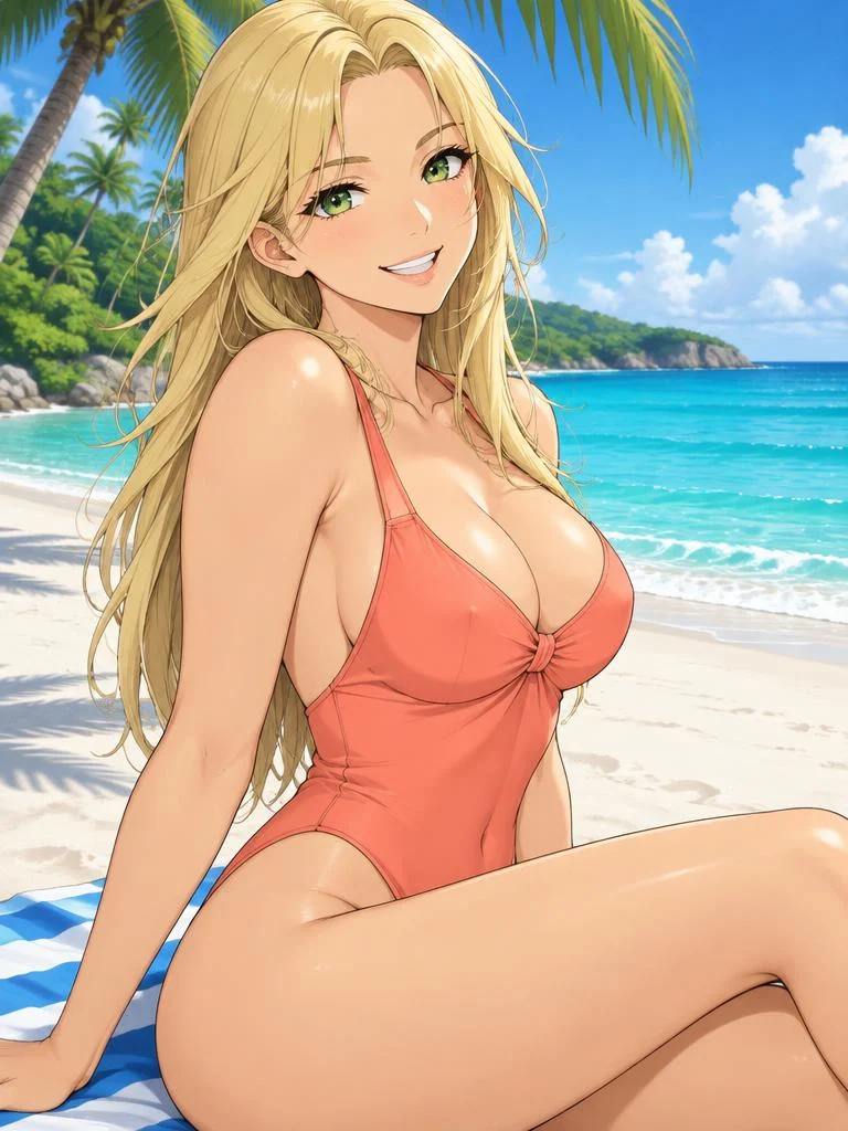 Aria, a fictional adult anime woman enjoying a tropical beach setting