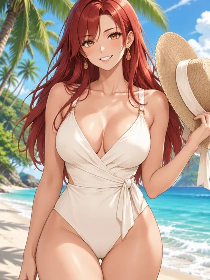 Ember, an adult anime companion at the tropical seaside