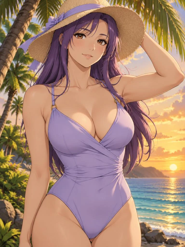 Yumi, a fictional adult anime woman enjoying a tropical beach setting